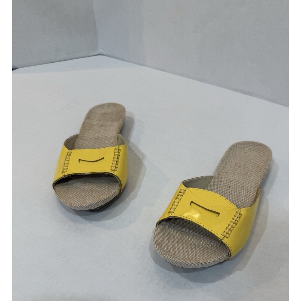 Lands End Sz 7M Yellow Patent Slip-On Slide Massage Sole Burlap Footbed Sandal - Picture 2 of 9